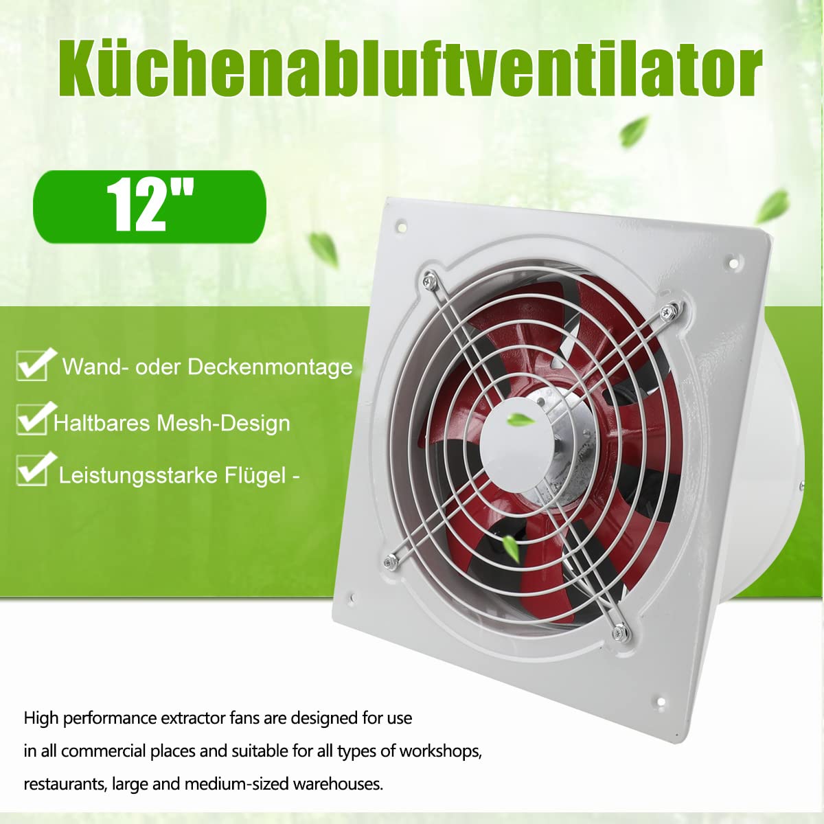 Ventilateur axial 220 V 12" 300 mm Ventilateur axial Ventilateur d'extraction d'air de cuisine Ventilateur mural en métal industriel pour salle de bain garage Pales blanches et rouges 2650 m³/h