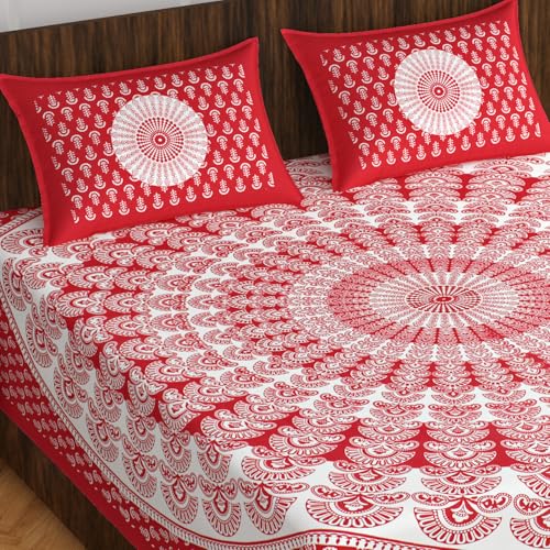 Image of JAIPUR PRINTS 100% Cotton Rajasthani Jaipuri Traditional Floral King Size Double Bedsheet with 2 Pillow Covers - Multicolor, 180-200 tc, Red