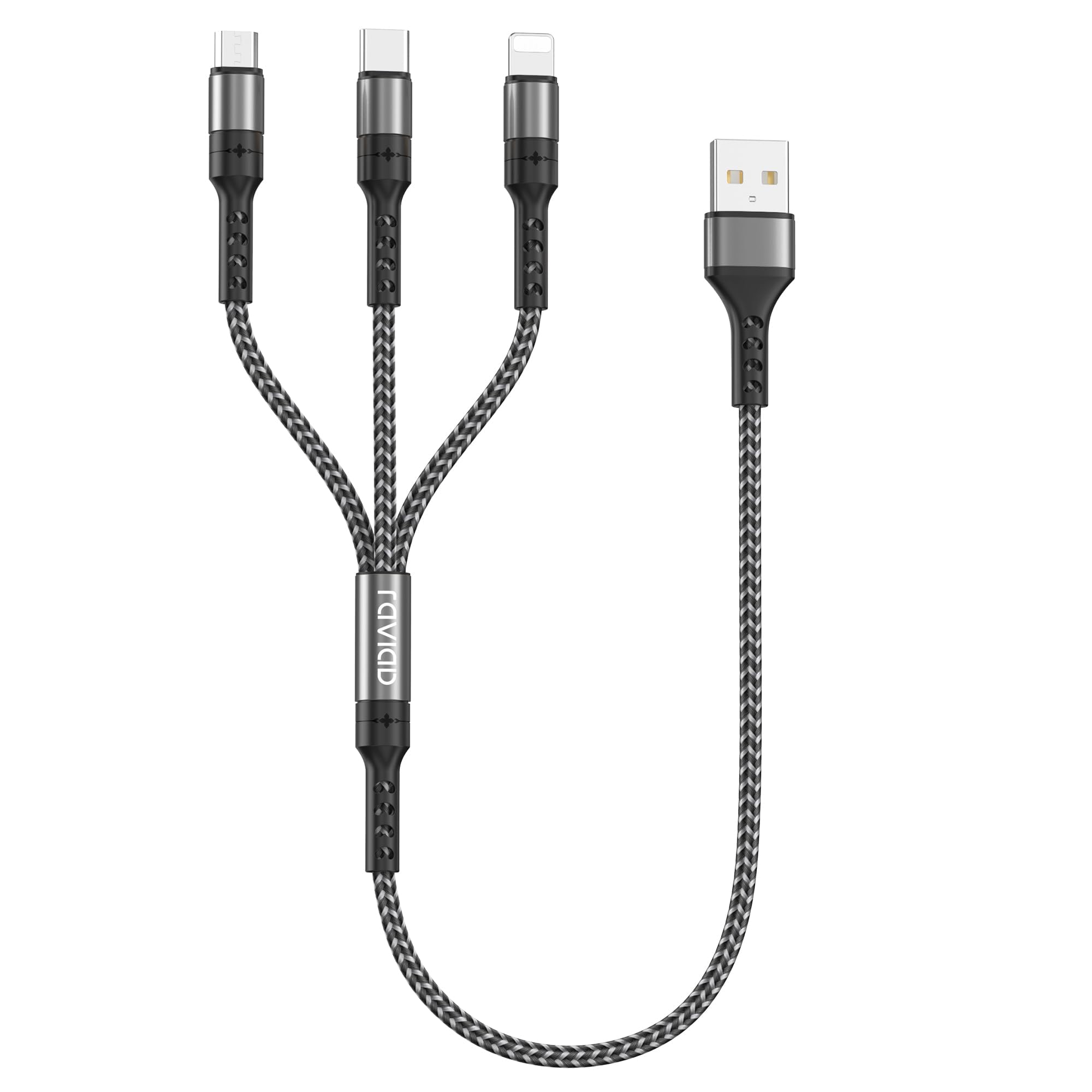 RAVIAD Multi Cavo di Ricarica 3 in 1 Multiplo Cavetto Micro USB Tipo C 0.5M | Nylon Intrecciato Cavo di Ricarica USB per iPhone 17 16 15, Samsung S25 S24 S23 S22, Huaiwe P40 P30, Xiaomi, OnePlus-Grigio