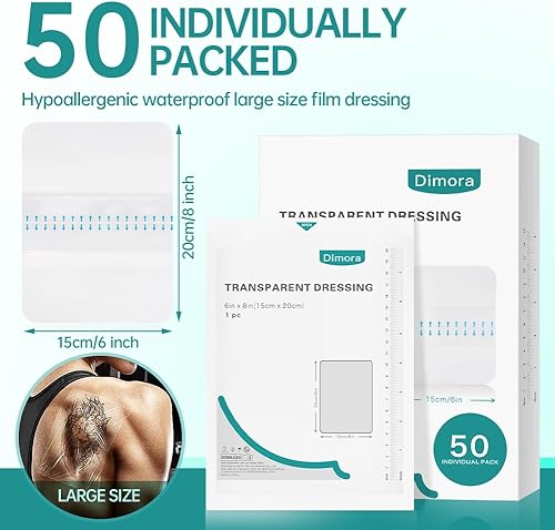 Miniatura 2 de Dimora Apósito de película transparente impermeable, vendajes grandes transparentes para heridas de 6 x 8 pulgadas, paquete de 50 protectores de