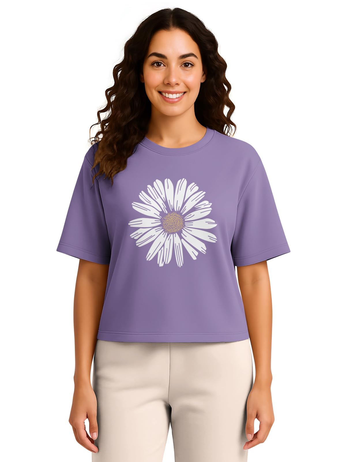 HELLCAT Beige Printed Loose Fit Crew-Neck Crop T-Shirt for Women