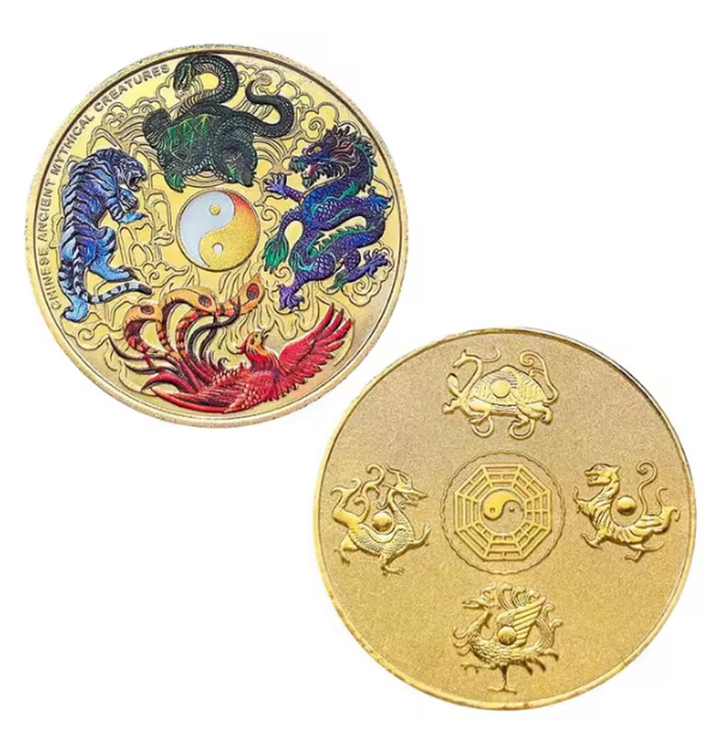 Monedas Conmemorativas De Criaturas Míticas Antiguas Chinas, Monedas Conmemorativas Chapadas En Oro, Monedas Coleccionables, Monedas De Desafío, Regalo De Recuerdo, 5 Piezas/Juego