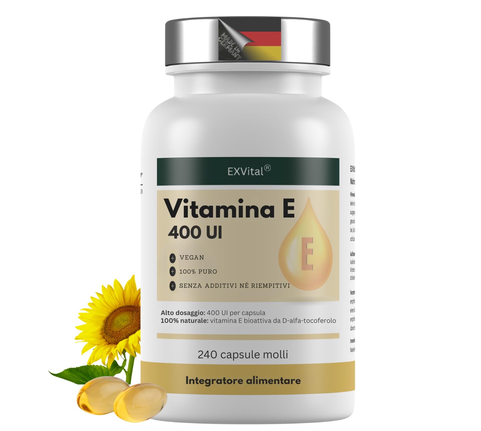 EXVital Vitamina E 400 UI, 240 capsule vegane in softgel, con D-alfa-tocoferolo, vitamina E da girasole, ad alto dosaggio e testata in laboratorio