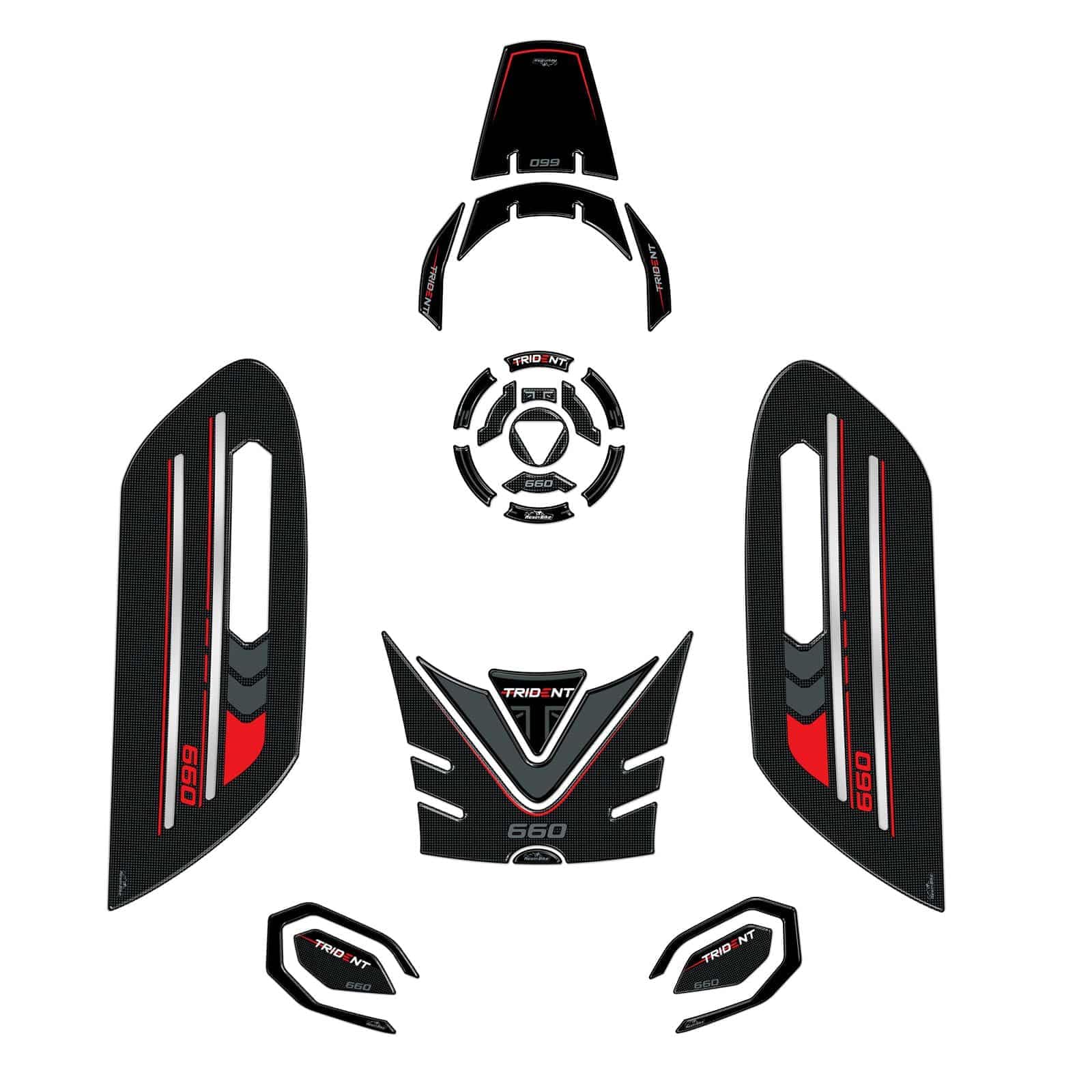 Resin Bike Kit Autocollant Moto Compatibles avec Triumph Trident 660 2021-2025. Protection Grip de Réservoir, Bout de Carénage Moto Contre Les Chocs et Les Éraflures. Autocollant 3D Made in Italy