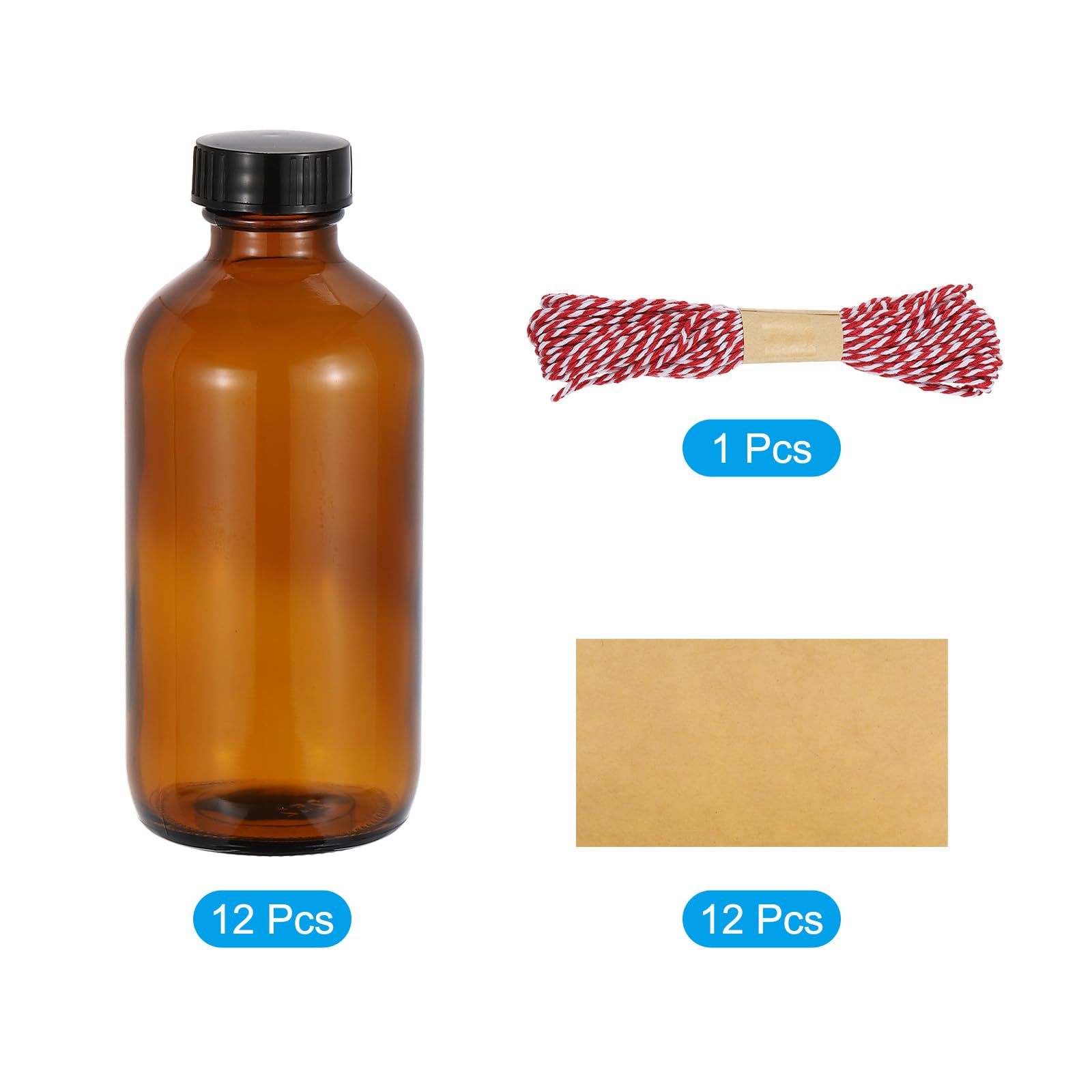 PATIKIL Frascos De Muestra De Vidrio De 8 Onzas (240 ml), 12 Piezas Frascos Redondos Con Tapón De Policono Negro, 12 Piezas Etiquetas, Cuerda Para Líquidos Reactivos, Aceites.