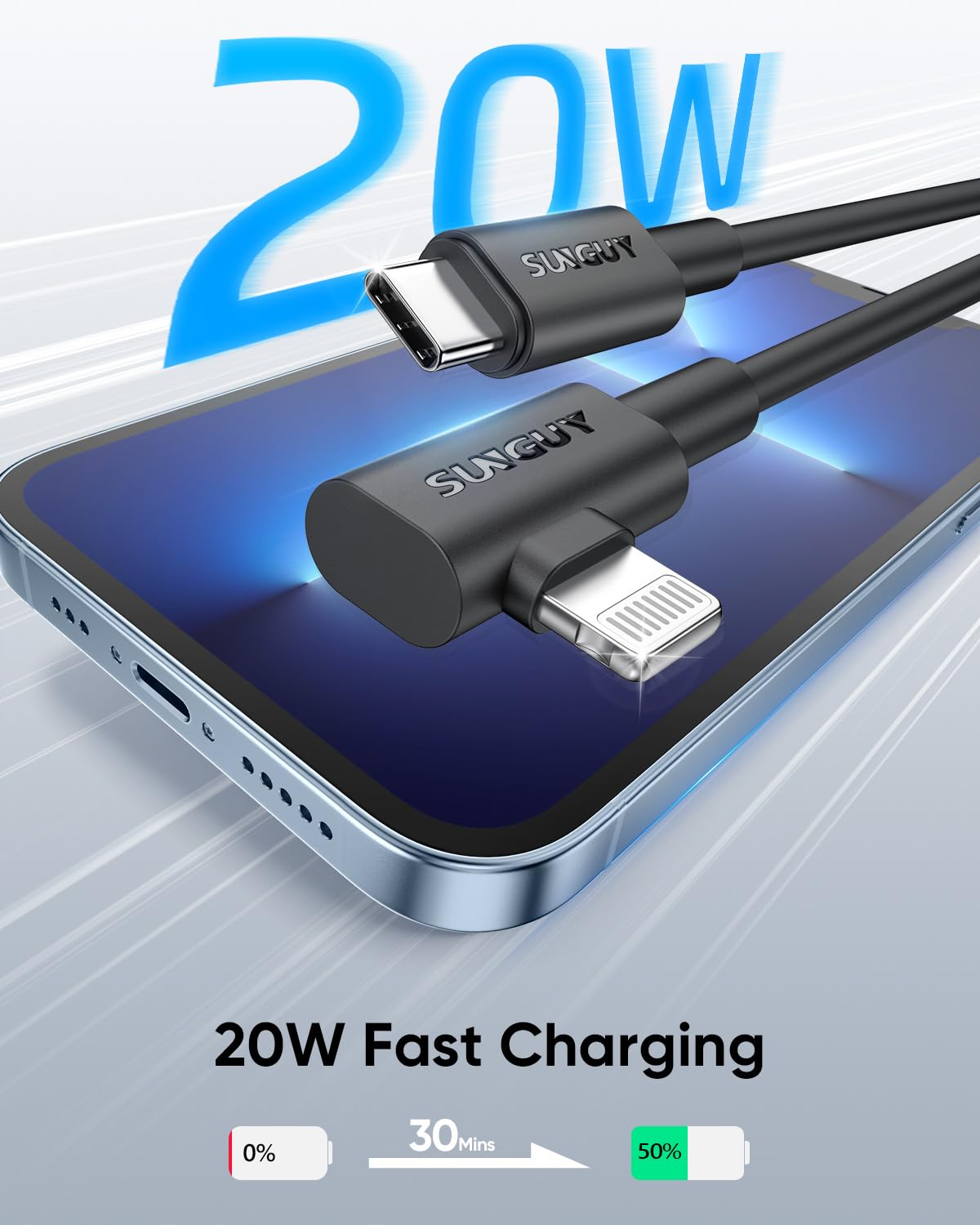 SUNGUY Cavo USB C a Lightning Corto 0.15m, 2 pezzi [Certificato MFi] 90 Gradi Cavo Lightning USB C 20W Cavo iPhone Ricarica Rapida per iPhone 14/13/12/11 Pro Max Mini XR XS 8 7 6 5 Plus, CarPlay