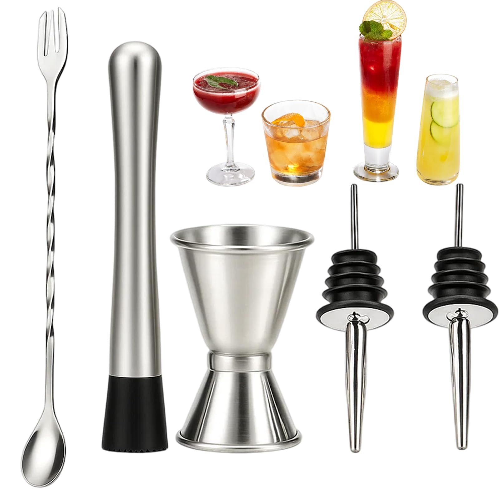 5Pcs Bartender Kit with Spirit Measures 25ml 50ml, Stainless Steel Shot Measures for Spirits, Cocktail Muddler, Professional Bar Tools for Home and Commercial Use