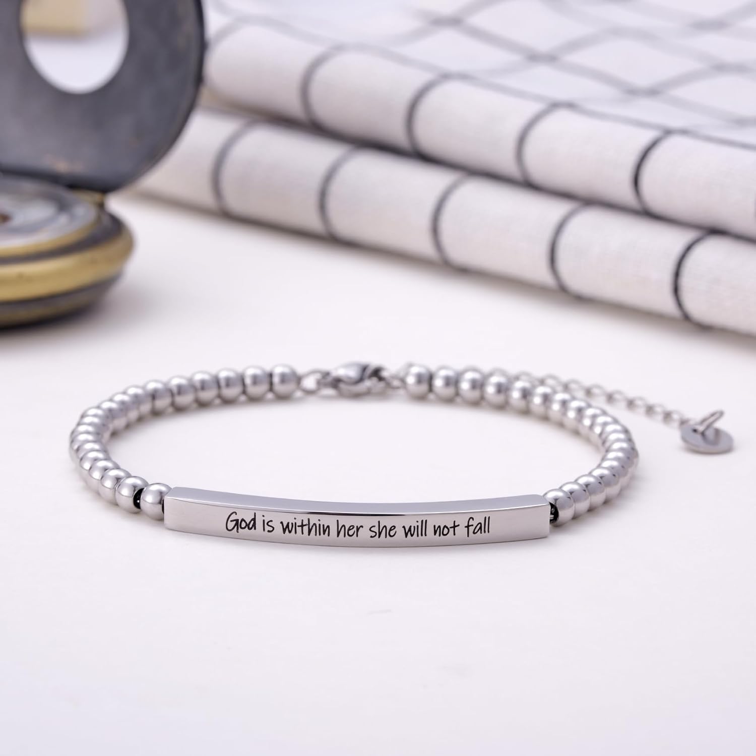 Christian Faith Gift for Women with Inspirational Bible Verse - God is Within Her, Uplifting Religious Adjustable Steel Beaded Bracelet, Faith-Based Gift for Her, Women's Baptism Jewelry - Image 6