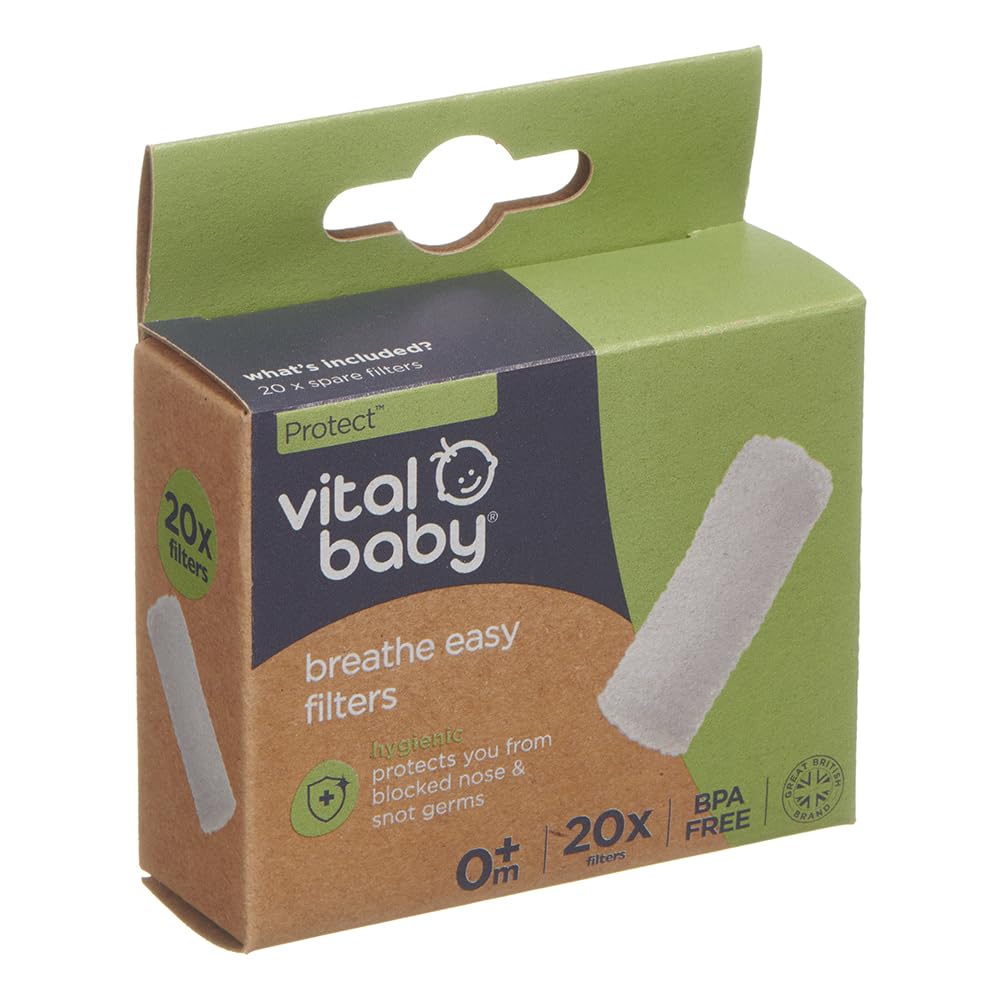 Vital Baby Protect Breathe Easy Nasal Aspirator - Nasal Decongester Replacement Filters, 20 Pack - Maintaining Hygiene & Easing Congestion, Disposable Filters Trap Mucus & Germs After Use, 0m+ Babies