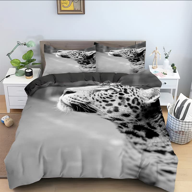Housse de couette 220x240 anti-plis en microfibre grise motif léopard pour lit adulte