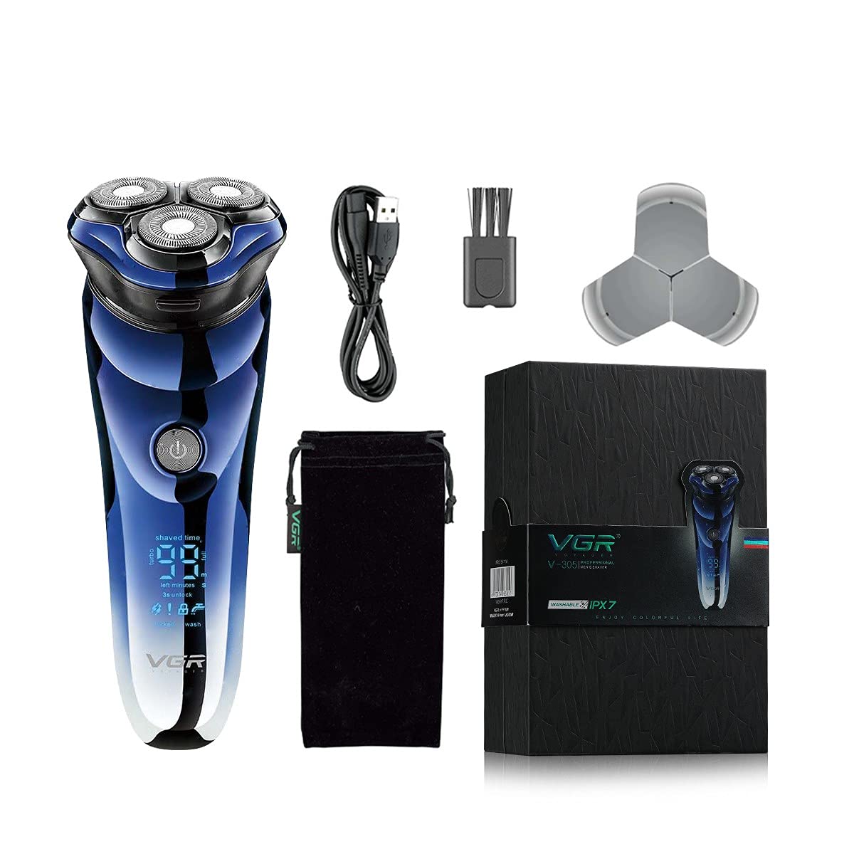 VGR V-305 Premium Cordless Rechargeable IPX7 Fully Waterproof 3 Head Electric Shaver Wet & Dry Rotary Shavers for Men with Pop-up Trimmer Super-Fast Charge 100 minutes Runtime with LED Digital Display (B0991ZBG3M) Amazon Price History, Amazon Price Tracker
