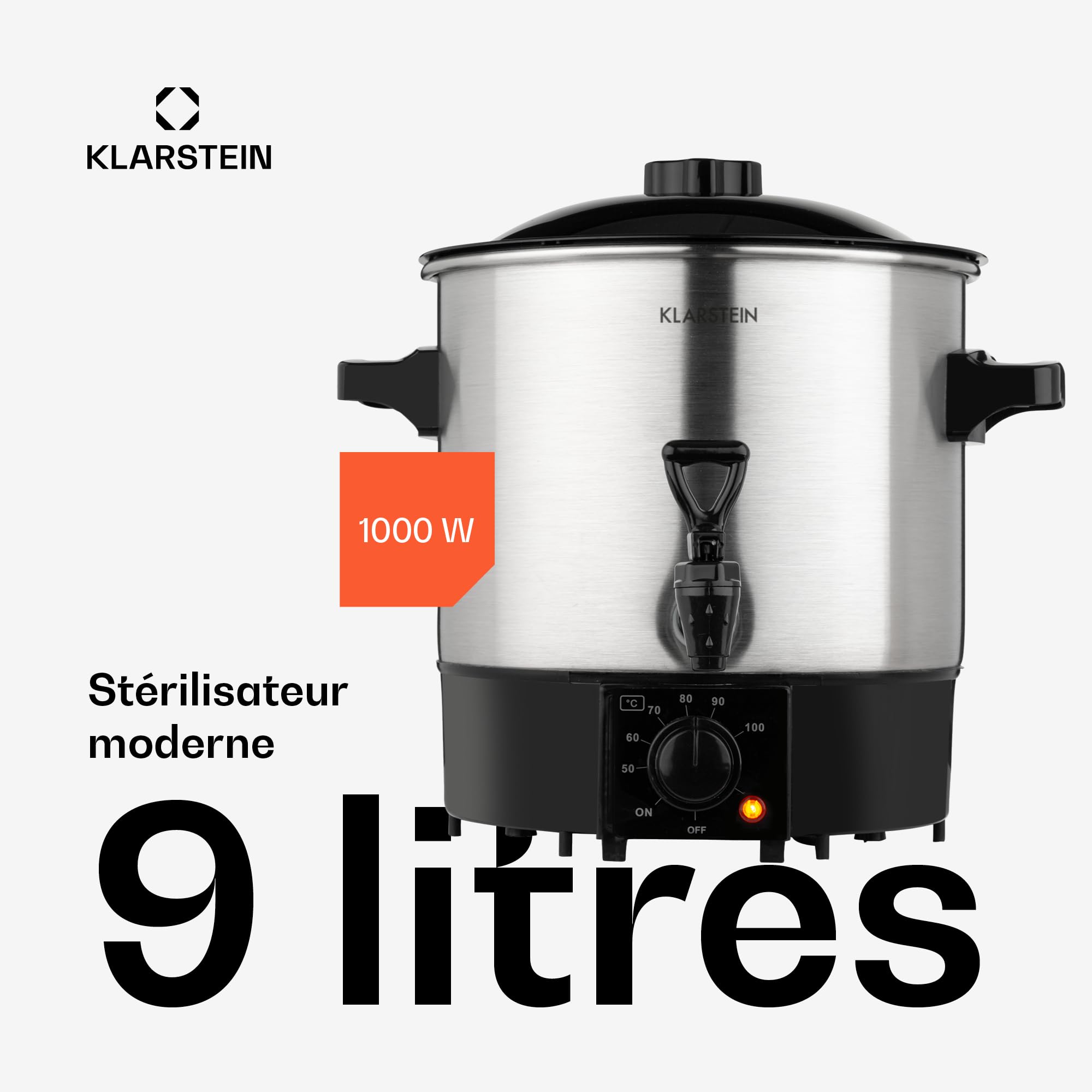 Klarstein Biggie Eco - Stérilisateur automatique et distributeur de boisson, 1000W, 30-100 °C, volume de 9L, robinet, voyants de contôle, grille de stérilisation fournie
