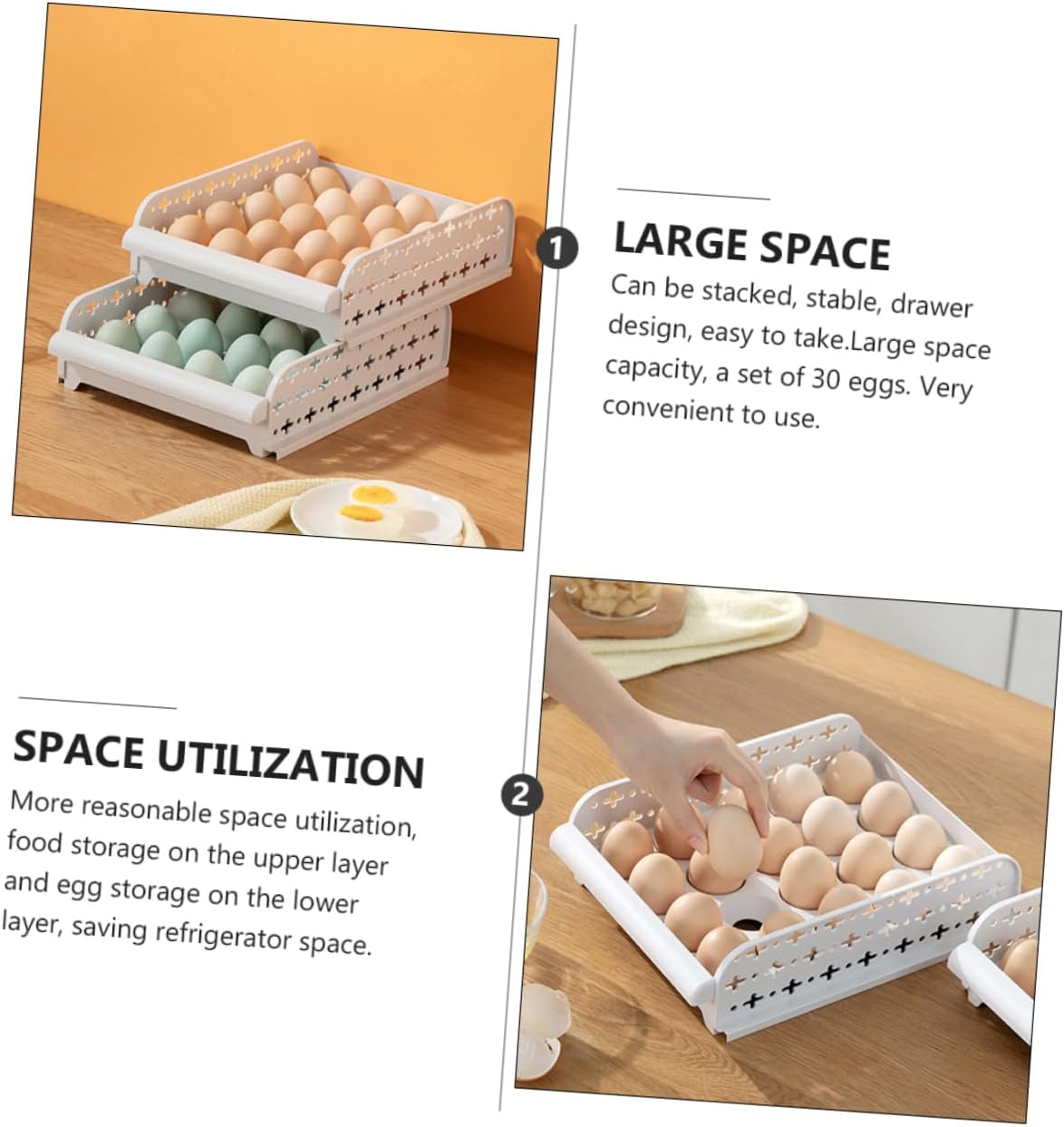 2-Pack 20-Compartment Egg Storage Container Drawer Style Refrigerator Egg Crisper Food Storage Case for Fresh