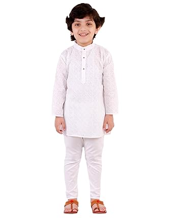 Superminis Boys Cotton Kurta with Pyjama - Chikankari Embroidered, Piping Collar, Knee Length, Full Sleeves for Ethnic Wear