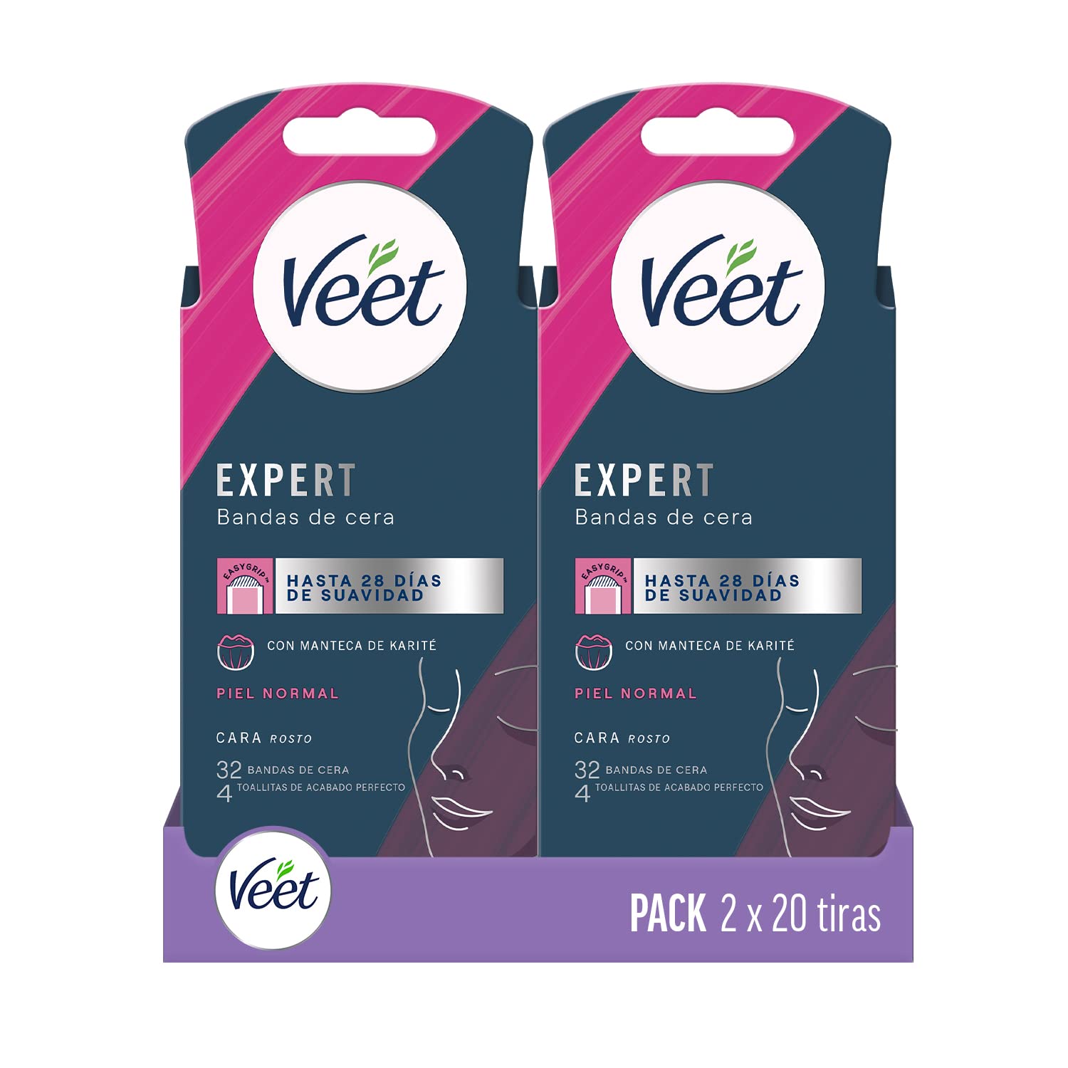 Veet Expert Bandas de Cera Fría Depilatoria para Depilación Facial, Adecuado para Labio Superior (Bigote), con Manteca de Karité, 2x32 tiras