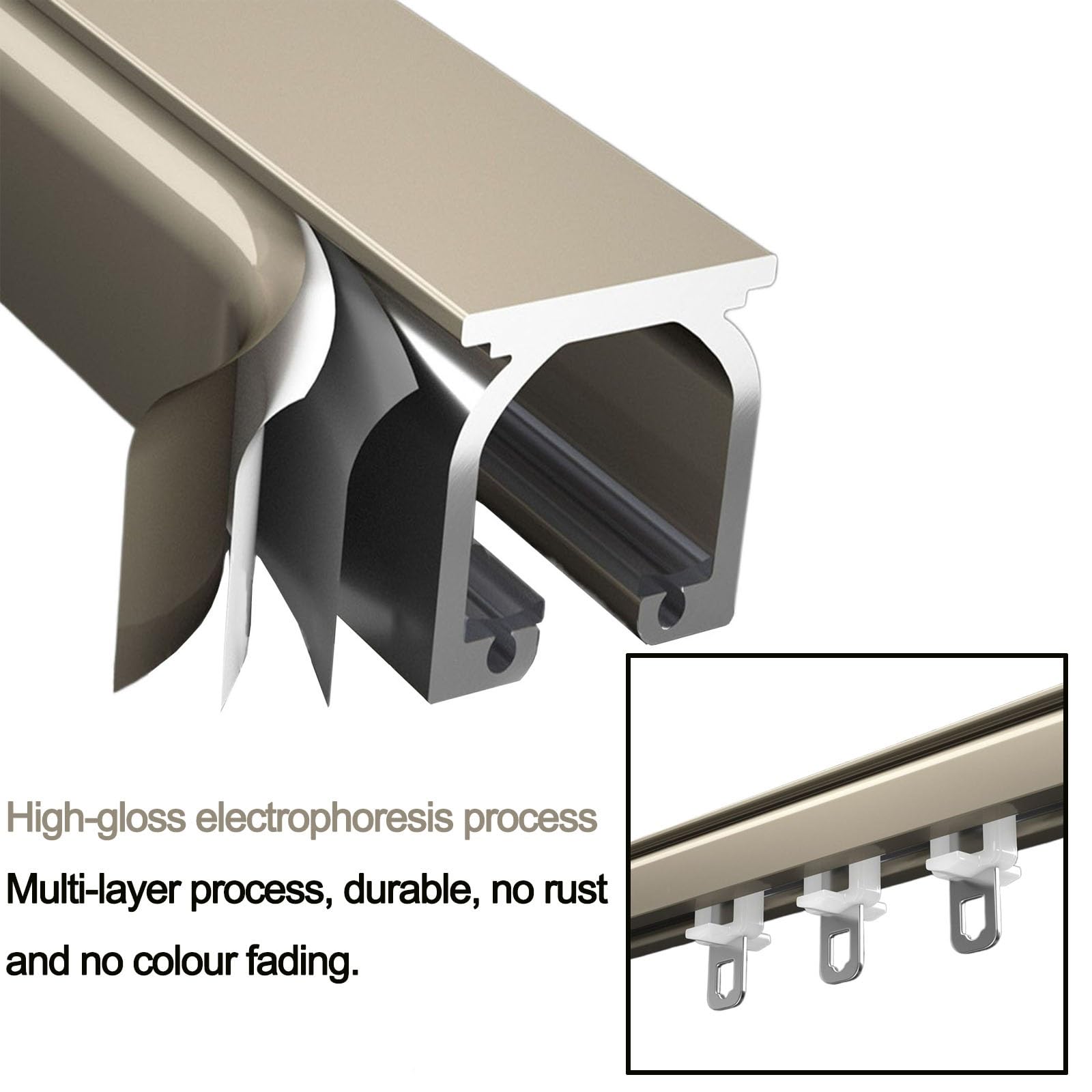 Wytrzymały aluminiowy system szyn do zasłon o długości 6 m z rolkami, mocowanie sufitowe, kolor szampański, idealny do zasłon i zasłon, gładkie przesuwanie, łatwa instalacja