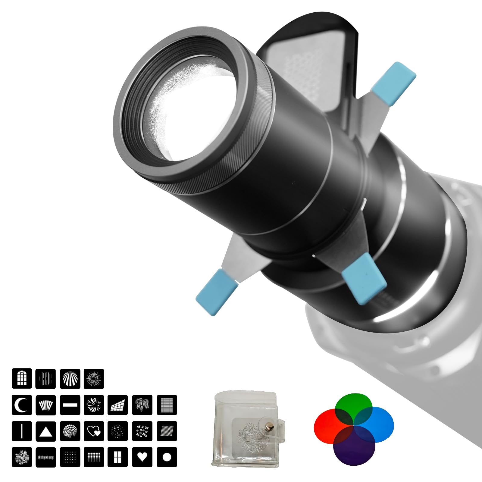 Snoot à Monture Bowens, kit de snoot Optique pour Portraits monoblocs/éclairage LED, Compatible avec Aputure Amaran 60D/100X/D 200D/X,Storm 400x Godox SL60, 4 filtres Couleur, 25 gobos.
