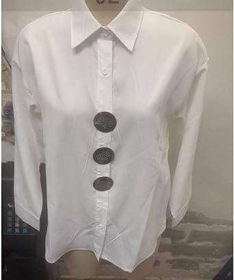 Women's Ultra-Loose Button-Down Shirt (with Buttons) Stand-Collar Cotton-Linen Top (with Metal Accents)