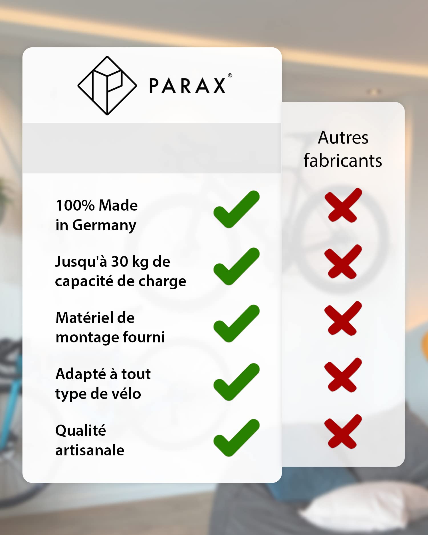 Support de vélo PARAX - Support Mural pour vélo - Rangement de vélo intérieur - pour VTT, vélo électrique, vélo de Ville, vélo de Course, vélo Gravel - jusqu'à 35 kg - en Bois