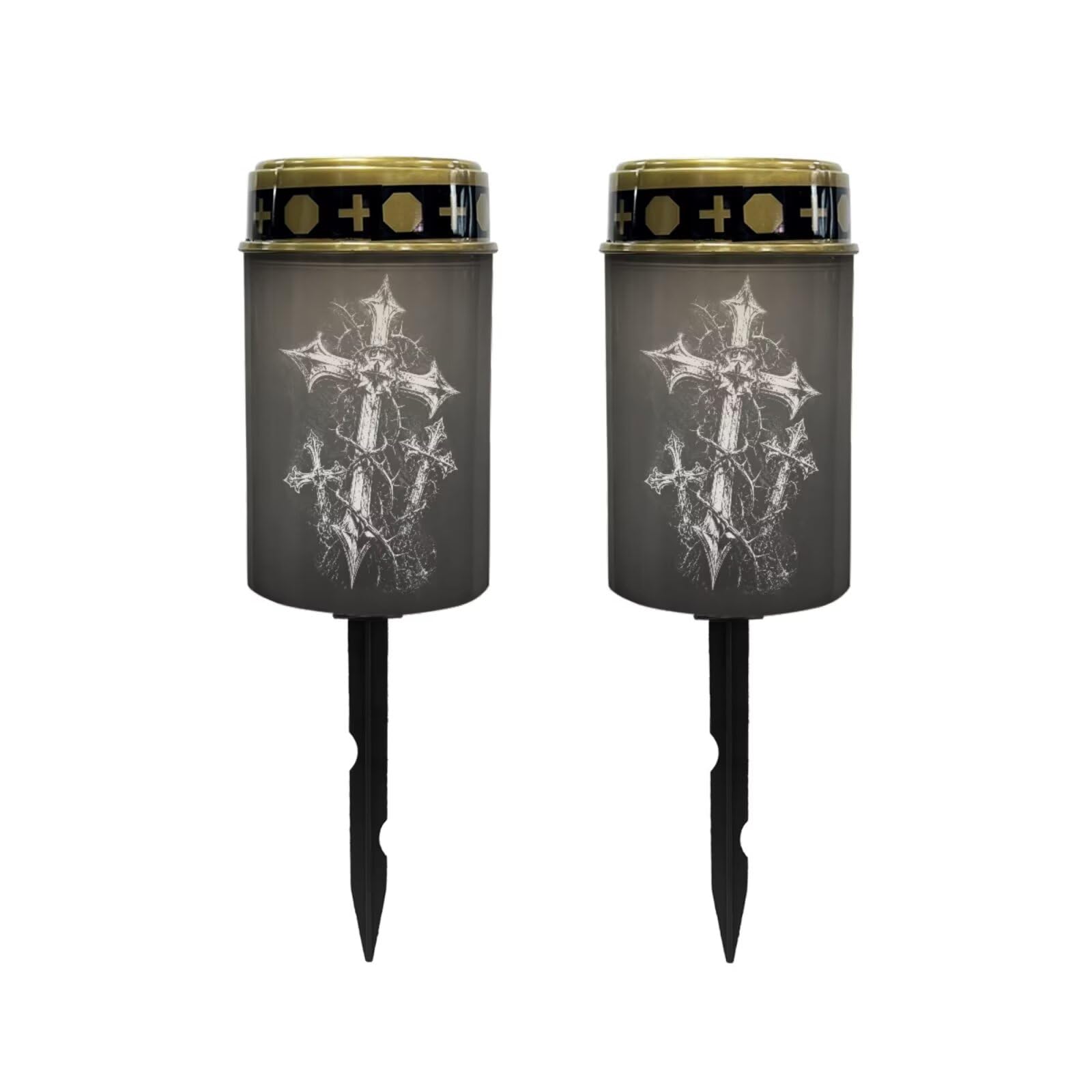 Poceacles Solar Powered Outdoor Lights Cemetery Solar Memorial Lights Outdoor Waterproof Landscape Candles for Yard Patio Lawn Home Decor, Cross Print Black, Set of 2