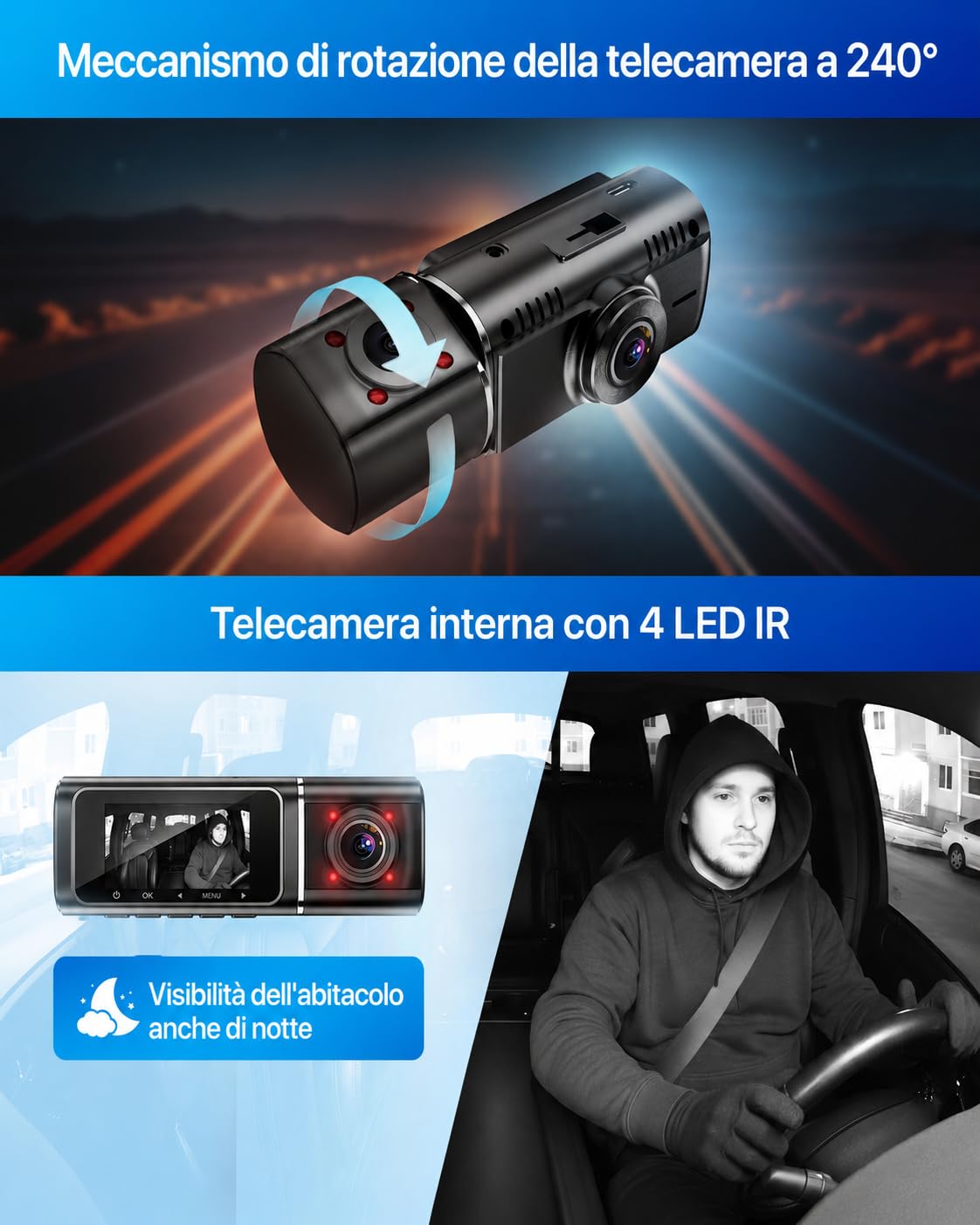 Proof Ultra Dash Cam 3 Canali 4K+2K Anteriore e Interna con Posteriore, GPS, WiFi App, Visione Notturna IR, Modalità Parcheggio