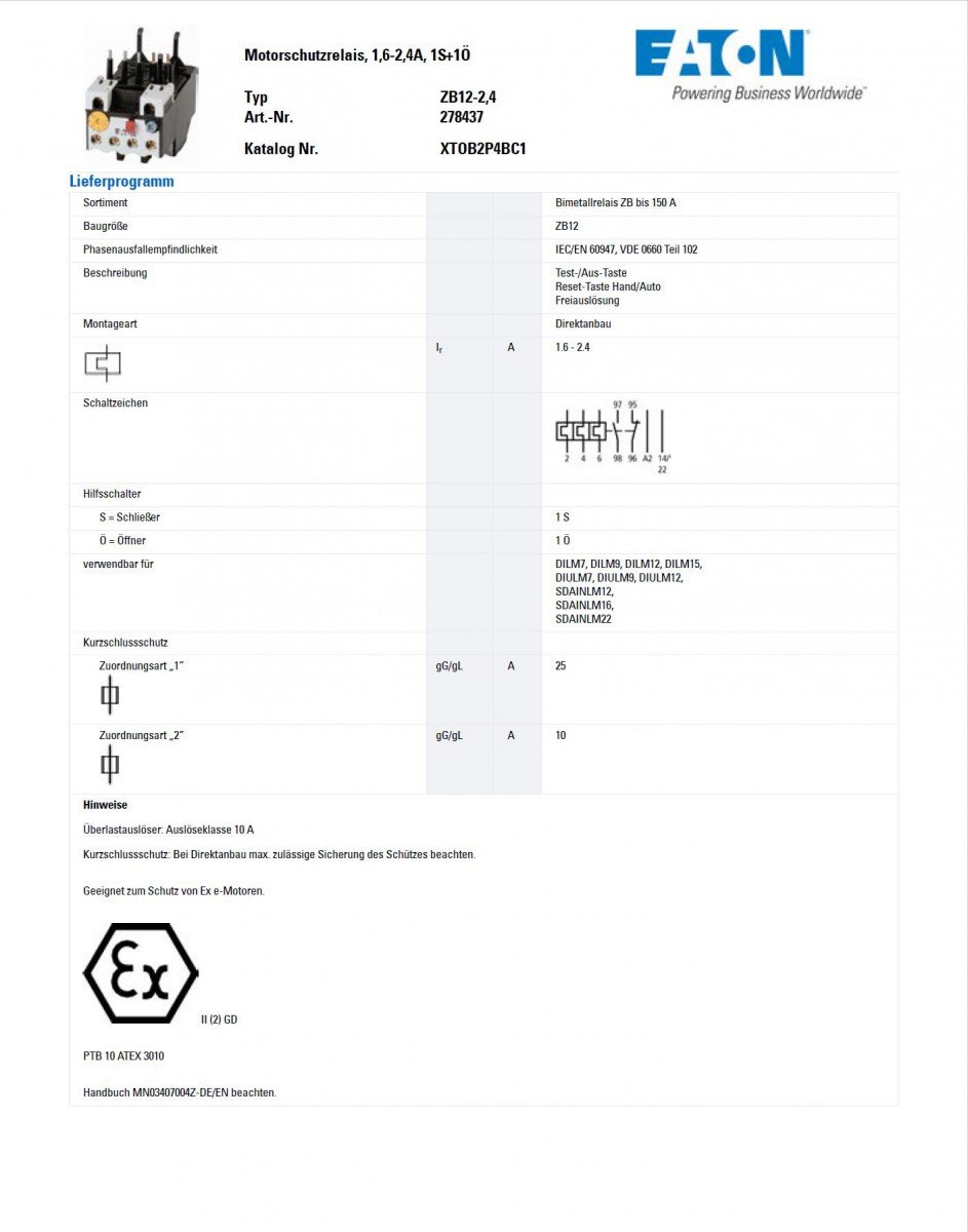 EATON ZB12-2,4 Rele Termico, Montaje Directo, 1.6-2.4A, 1N/O+1N/C