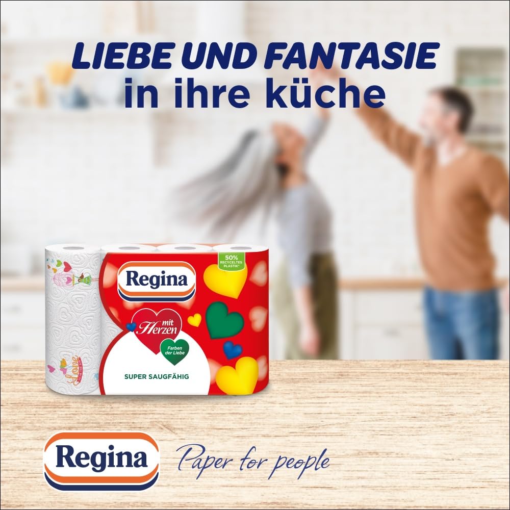 Regina mit Herzen Haushaltstücher - 32 Rollen-Packung (8 x 4 Einzelpackungen), 43 Blatt 3-Lagig, Super Saugfähig, Dick, Beständig, FSC Papier | 8x4 Einzelpackungen, 43 Blatt, 10 Motive sind von der Liebe inspiriert, Super Saugfähig, Dick, Beständig, FSC P