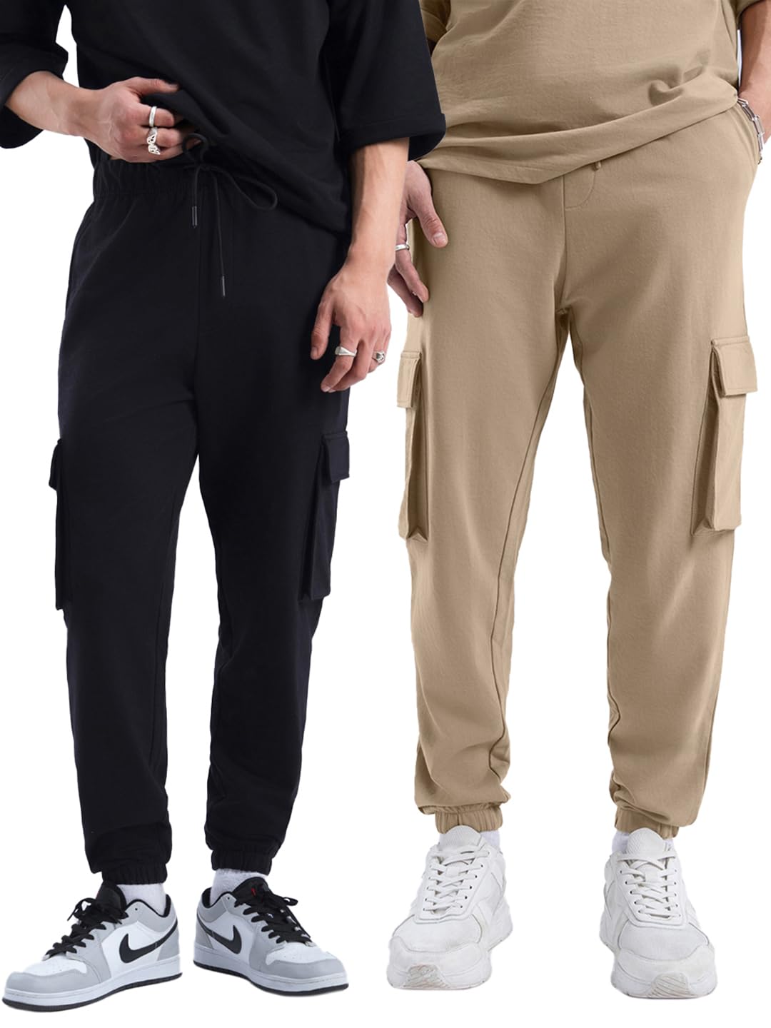 bewakoof Air 1.0 Men's Solid Oversized Fit Terry Cargo Joggers(Pack of 2)-picture-40