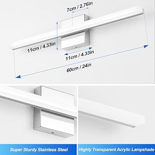 Miniatura 2 de Combuh 24 pulgadas, 14 W, accesorios de iluminación de baño modernos, luces de tocador montadas en la pared, barra de iluminación cromada, 6000 K