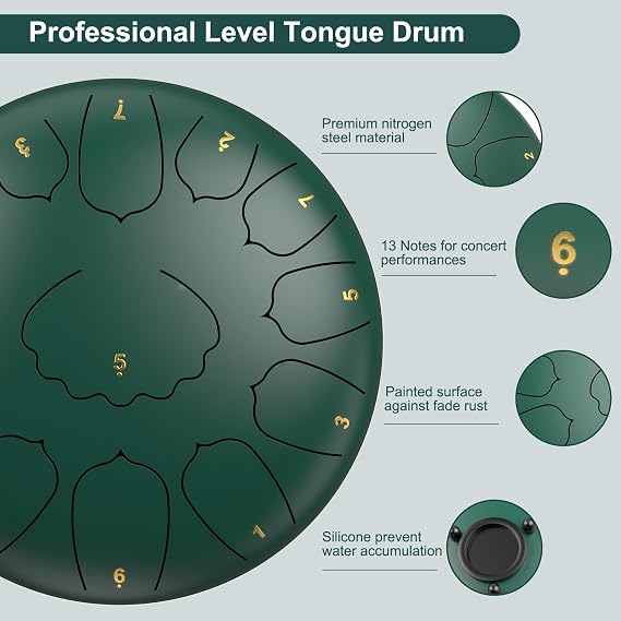 D Major Steel Tongue Drum Handpan, 12 Inch 13 Note Large Rain Drum for Outside Garden, Meditation Rain Chime, Musical Percussion Instrument for Adult Gift with Bag, Music Book, Drum Mallets (Green)