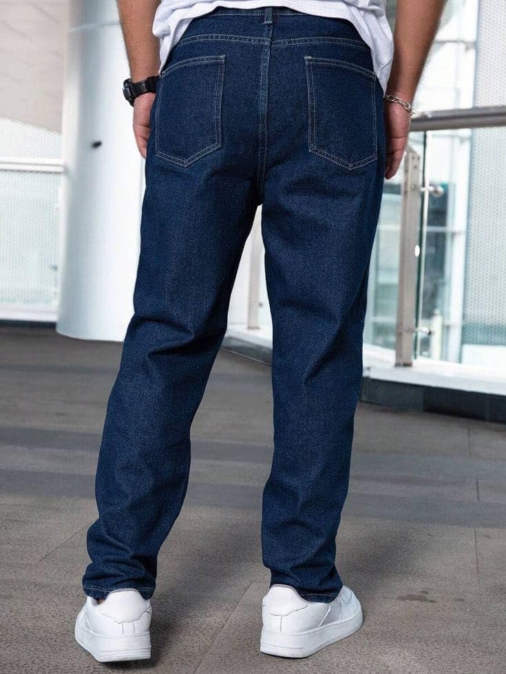 Image of Men's Relaxed Fit Stretch Denim Jeans - Mid-Blue Wash Straight Leg Pants for Everyday Wear | Comfortable Casual Jeans with Deep Pockets