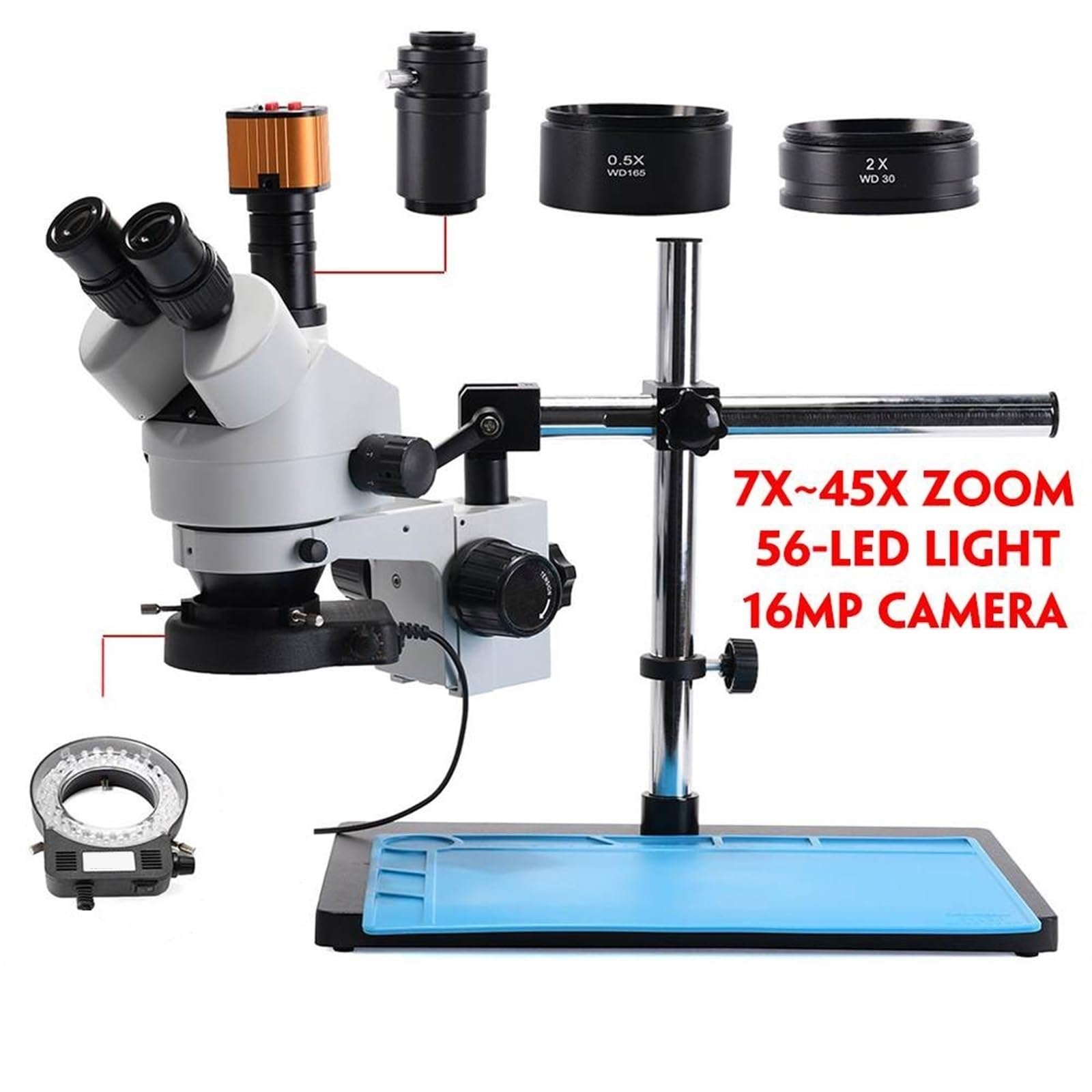 Powiększenie 7~45X Stereo 16MP Mikroskop Z Kamerą Do Przemysłowej Naprawy Płytek PCB Całkowicie Metalowy Stojak Na Filary 56-LED Lampa Pierścieniowa WyraźNy I Precyzyjny