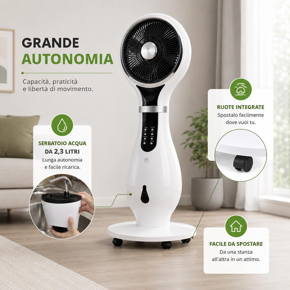 BAKAJI Ventilatore con Ruote a Piantana 80W Combinato 3in1 LED Display con Umidificatore, Anti Zanzare e Funzione Ionizzatore, Air Fun Diametro 40 cm e Alt. 110cm, Spegnimento Automatico, Telecomando