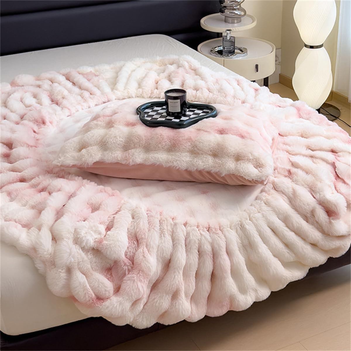 Milk Velvet Bedding Fitted Sheet Mattress Cover, Elastic Bed Sheet Fluffy, Faux Rabbit Fur Fitted Sheet (Striped Gray,CA King:79x87in(200 * 220CM))
