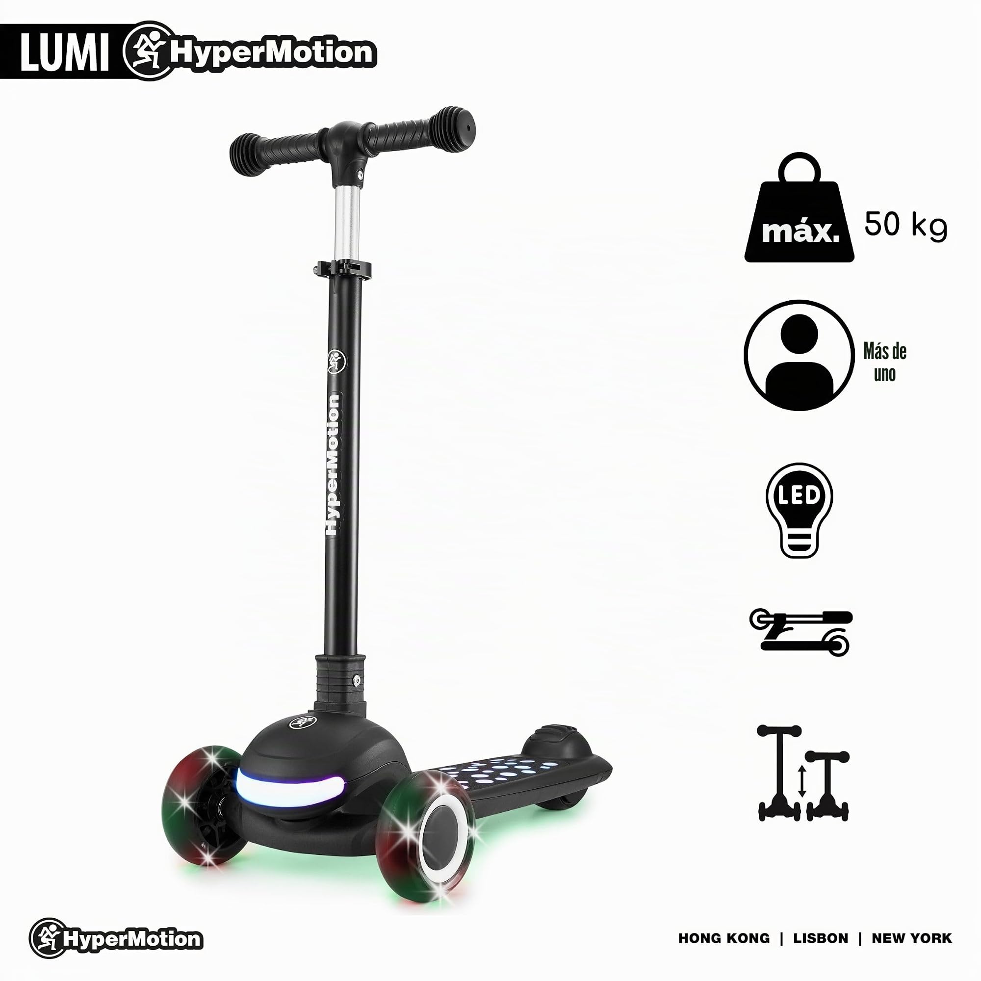 HyperMotion Patinete infantil con iluminación LED LUMI 3 en 1, asiento ajustable en altura, plegable, ruedas de poliuretano, manillar en T de hasta 50 kg, para niños a partir de 1 año