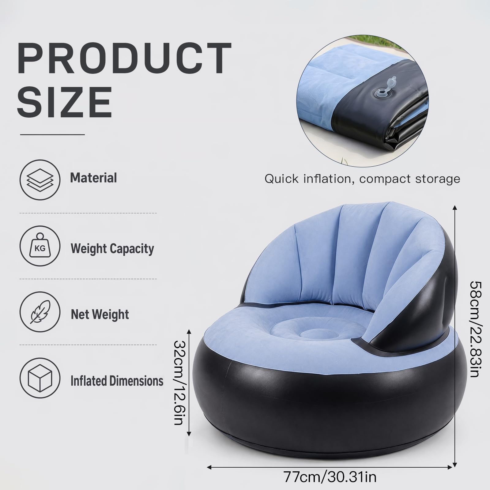 Canapé Gonflable avec Surface Floquée, Étanche Pouf Gonflable avec Pompe, Fauteuil Gonflable Exterieur et Intérieur pour Camping, Voyages, Piscine(Bleu Clair)