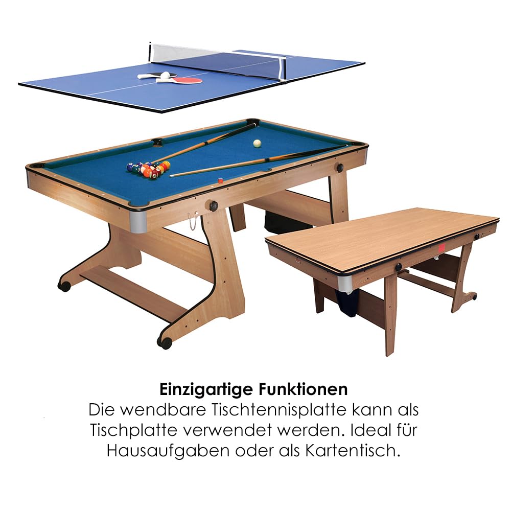 BCE 1,8 m 3-in-1 Billardtisch klappbar mit Tischtennisplatte & weicher Spitze Dartscheibe mit Schreibtischplatte – leicht zu bewegen – alles Zubehör im Lieferumfang enthalten