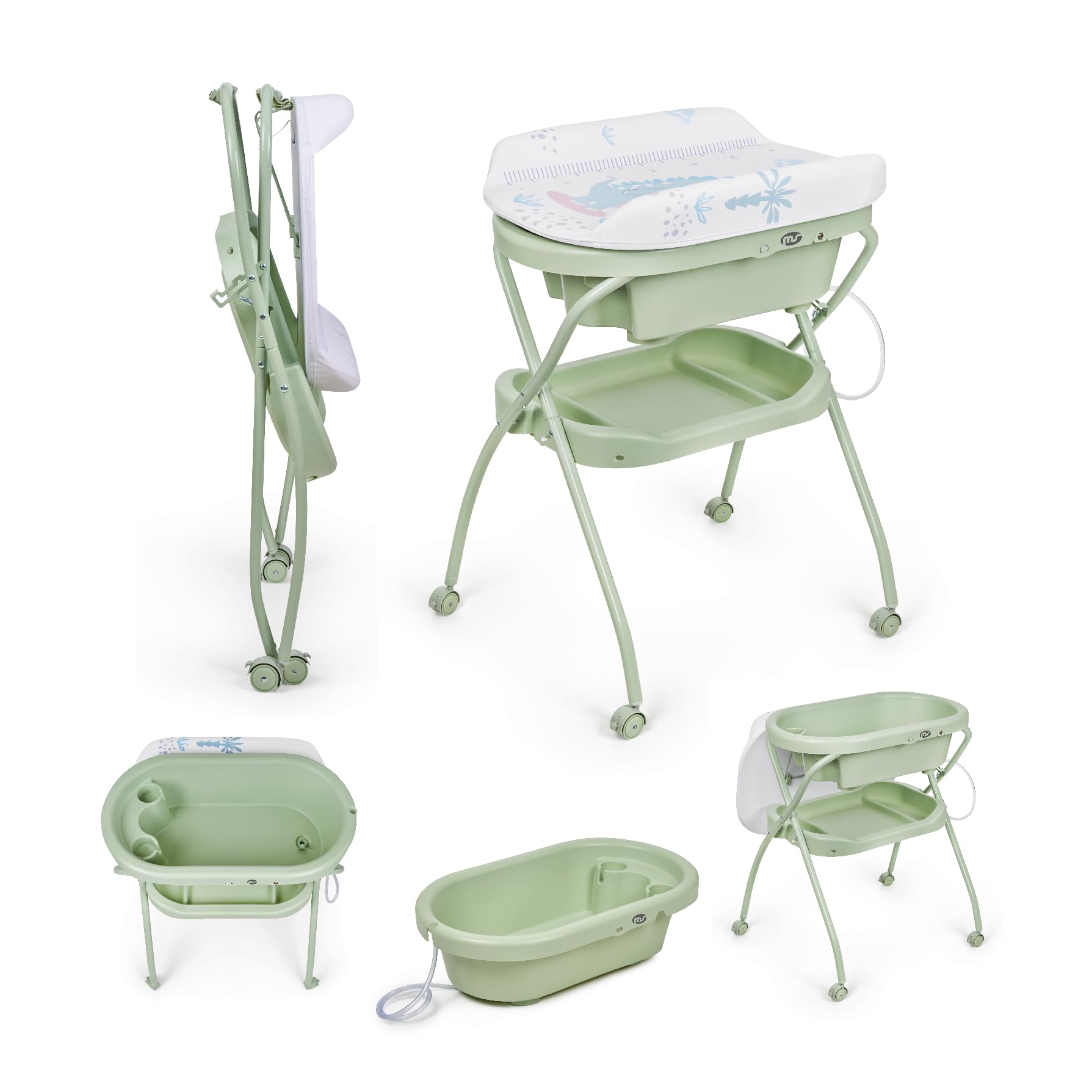 MS BabyWorld - Bubble - Vasca da bagno ergonomica con gambe | Fasciatoio impermeabile imbottito | Chiusura compatta, organizer | 4 ruote con freni Verde