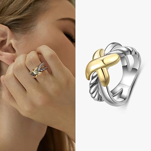 Miniatura 3 de Anillos de dos tonos para mujer, anillo trenzado cruzado, alambre de moda, anillos de joyería de regalo