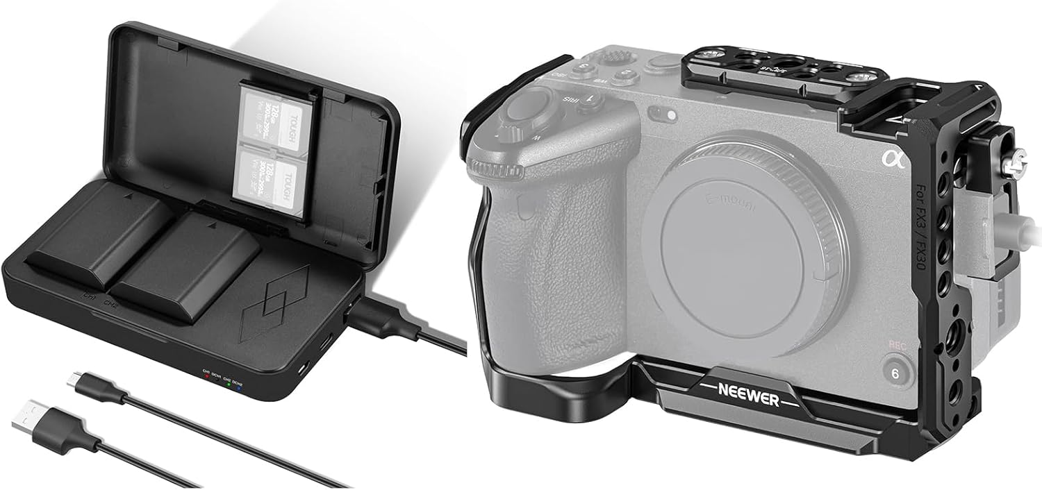 NEEWER 2280mAh NP-FZ100 Replacement Battery 2 Pack with USB Dual Channel Charger Kit, FX3/FX30 Cage Camera Cage with HDMI Cable Clamp Included
