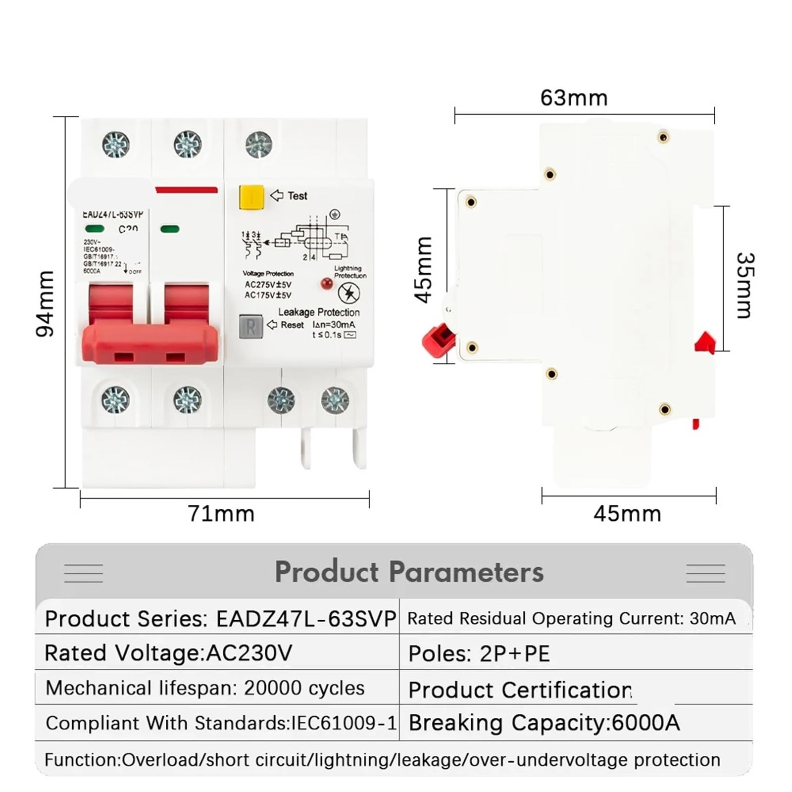 2P 230V SPD Residual Current Circuit Breaker with Overload Overvoltage RCBO RCCB 1Pcs(6A)