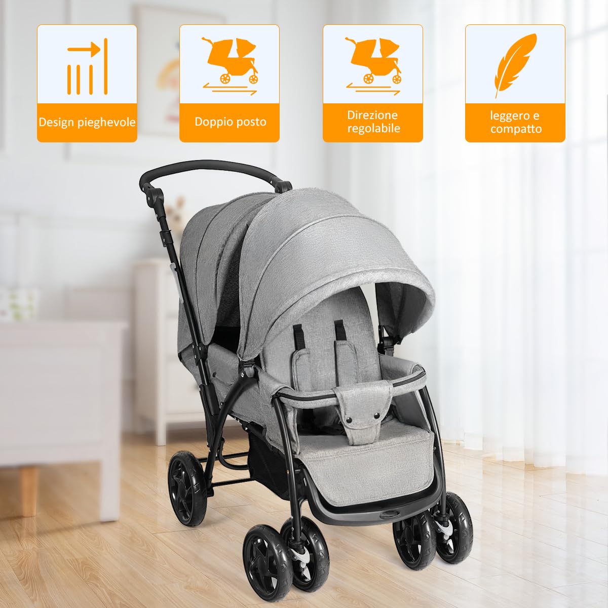GYMAX Passeggino Gemellare Doppio/Fratelli di Età Diverse, Pieghevole Leggero, Tendalino/Schienale Regolabili, Portata di 15kg+15kg (Grigio, Verticale)