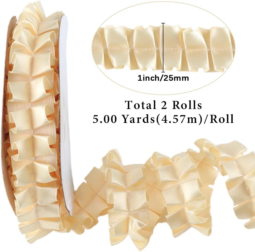 10 Yards Yellow Ruffle Ribbon Trim Pleated Fabric Satin Ribbons Vintage Double Sided Gathered Ruffled Edge Lace Applique Trimming for Sewing Making Crafts Wedding Home Decor Dresses Supply image 2