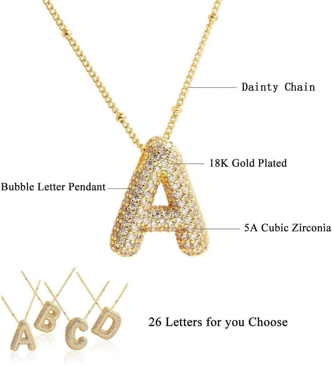 Bubble Letter Necklace for Women, 14k Gold Plated Cubic Zirconia Bubble Initial Necklace, Charm Balloon Dainty Ininial Letter Pendant Necklace Jewelry Gifts - Image 2