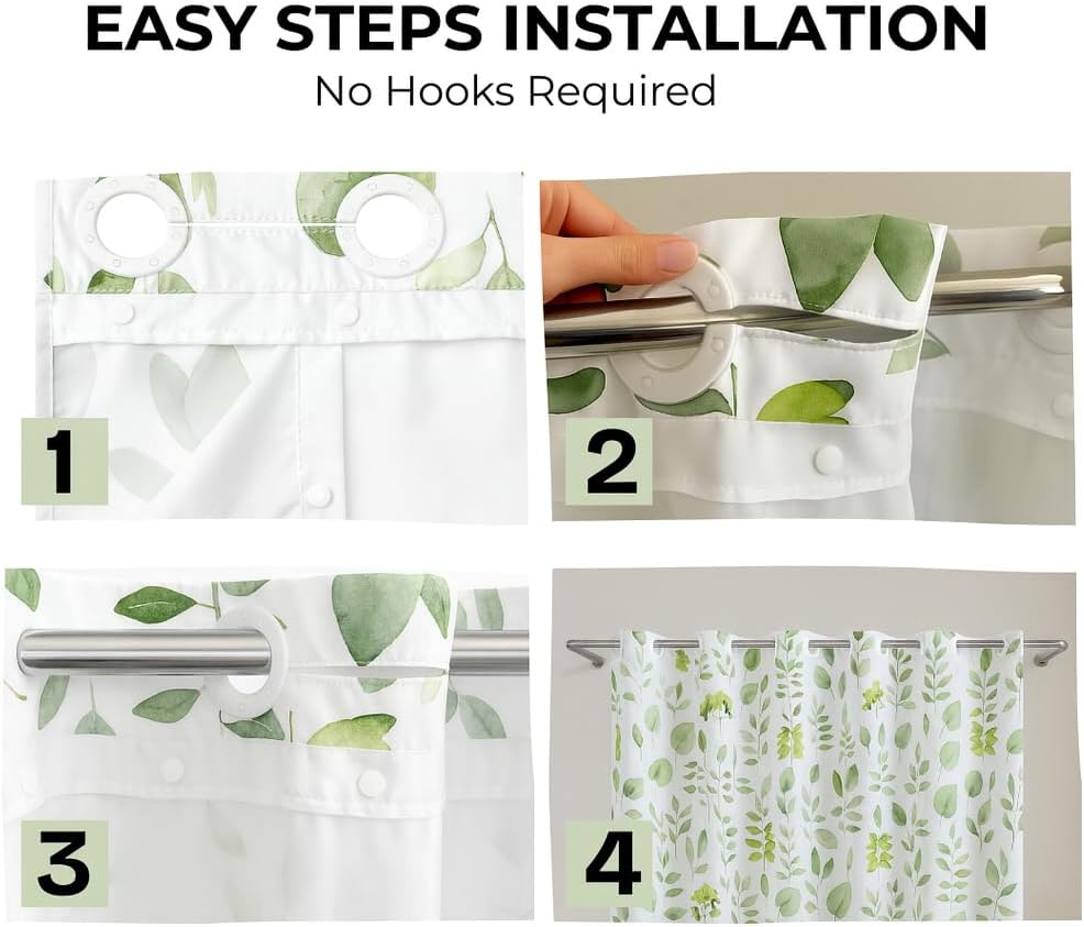 No Hook Shower Curtain with Snap-in Liner, Waterproof Fabric Shower Curtain Set, Washable Polyester Bathroom Curtain with Built-in Rings & Bottom Magnets, Green Botanical, 71W x 74L