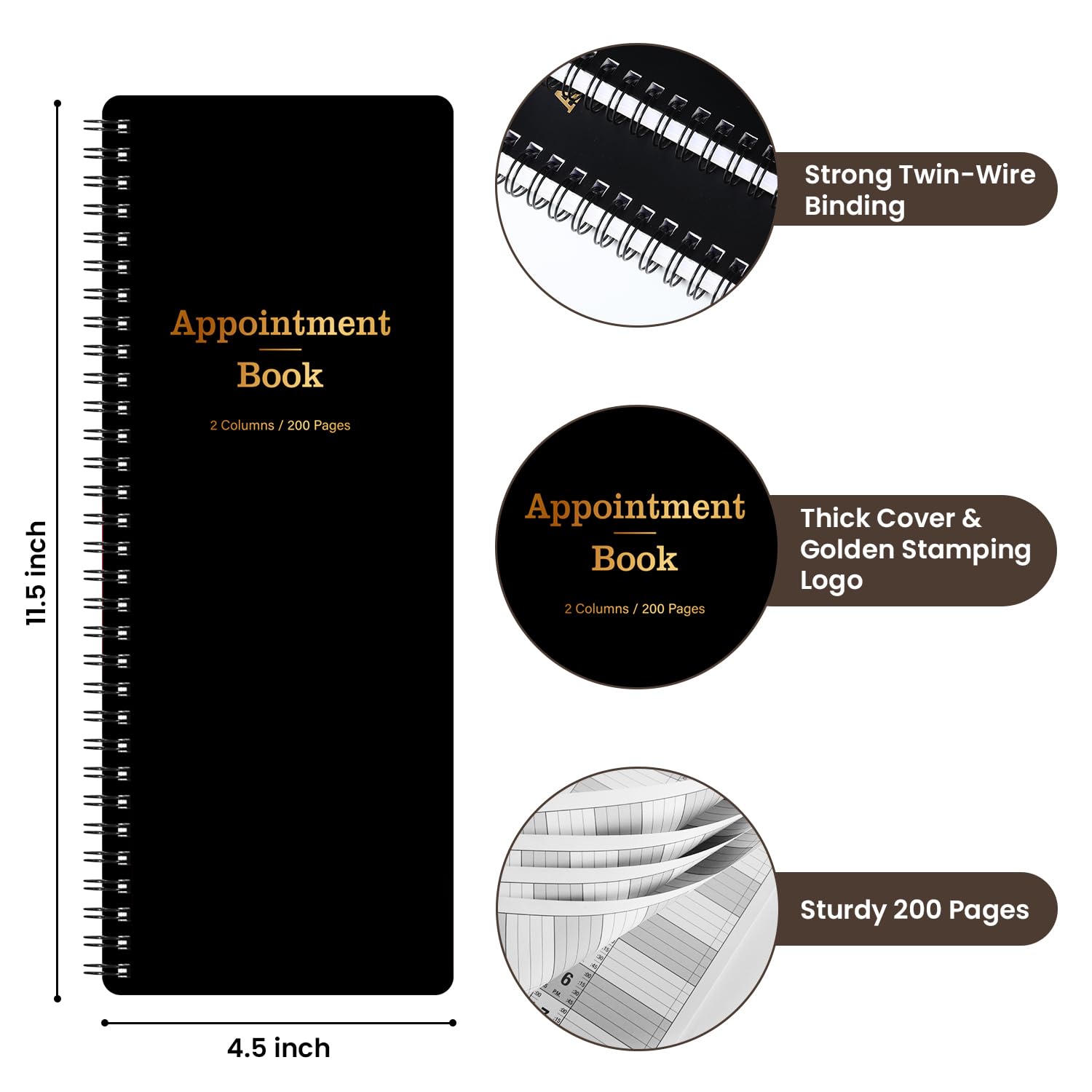 Salon Appointment Book - 4.5'' x 11.5'', Undated Daily & Hourly Schedule Book with 2 Column & 200 Pages - Black - Image 3
