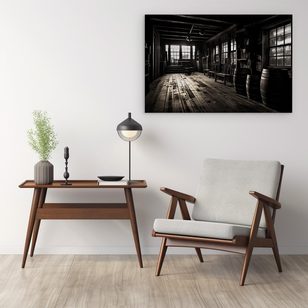 Canvas for Living room. Whispers of the Past: Sunlight and Shadows Dance in a Rustic, Time-Honored Chamber, 27 x 18 inch Canvas Wall Art - Ready to Hang