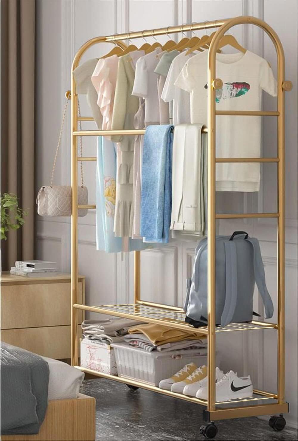 Lukzer Metal Multipurpose A Shape Garment Rack with 2 Bottom Shelf Heavy Duty Non-Slip Clothes Hanging Rail Coat Hanger Display Unit Living Room, Bedroom (Gold, 168 x 120 x 35cm) DIY offers donot miss