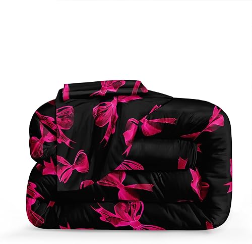 Miniatura 5 de Merryword Juego de edredón con lazo rosa intenso, tamaño King, 4 piezas, pajarita princesa, ropa de cama color negro, edredón de cama