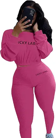 IyMoo Women 2 Piece Outfits Sweatsuit Set - Long Sleeve Ribbed Crop Top + Skinny Long Pants Tracksuit Jogger Set